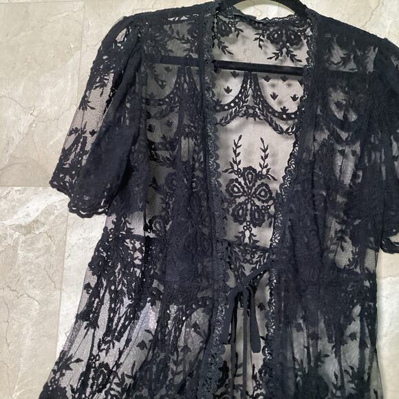 Aqua Maxi Duster Kimono Topper Small Black Lace Sheer Stevie Boho 90s Whimsigoth - Picture 3 of 10